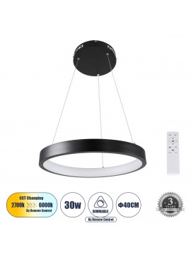 61155 GloboStar® GLOBOSTAR® NEMESIS 61155 Μοντέρνο Κρεμαστό Φωτιστικό Οροφής LED 30W 3513lm 360° AC 220-240V IP20 Ρυθμιζόμενο Λευκό CCT με Χειριστήριο από 2700K έως 6000K Dimmable - Lumileds SMD Chip - Μαυρό Ματ - Μ40 x Π40 x Υ4cm - 3 Χρόνια Εγγύηση