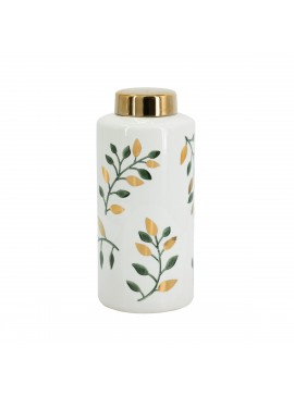 Artekko Anivia Λευκό Διακοσμητικό Κεραμικό Βάζο Δοχείο με Καπάκι με Χρυσά και Πράσινα Φύλλα (14.5x14.5x31.5)cm Artekko 61173