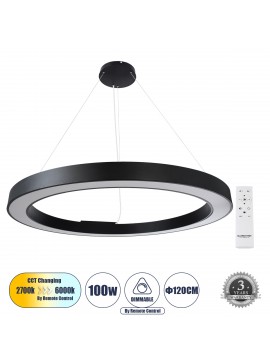 61198 GloboStar® GLOBOSTAR® RA 61198 Μοντέρνο Κρεμαστό Φωτιστικό Οροφής LED 100W 11020lm 120° AC 220-240V IP20 Ρυθμιζόμενο Λευκό CCT με Χειριστήριο από 2700K έως 6000K Dimmable - Lumileds SMD Chip - Μαύρο Ματ - Μ120 x Π120 x Υ8cm - 3 Χρόνια Εγγύηση