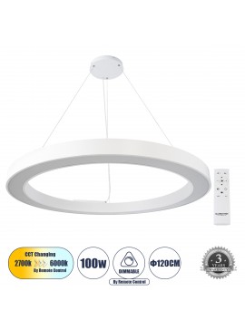 61199 GloboStar® GLOBOSTAR® RA 61199 Μοντέρνο Κρεμαστό Φωτιστικό Οροφής LED 100W 11020lm 120° AC 220-240V IP20 Ρυθμιζόμενο Λευκό CCT με Χειριστήριο από 2700K έως 6000K Dimmable - Lumileds SMD Chip - Λευκό Ματ - Μ120 x Π120 x Υ8cm - 3 Χρόνια Εγγύηση
