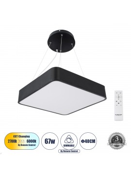 61206 GloboStar®  KAMALA 61206-P Κρεμαστή Πλαφονιέρα Οροφής LED CCT 67W 7370lm 120° AC 220-240V - Εναλλαγή Φωτισμού μέσω Τηλεχειριστηρίου All In One Ψυχρό 6000k+Φυσικό 4500k+Θερμό 2700k Dimmable Μ40 x Π40 x Υ8cm- Μαύρο - 3 Years Warranty