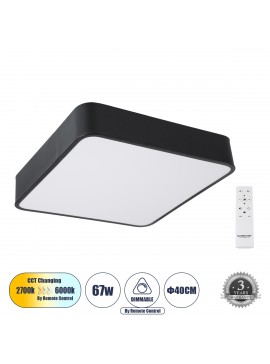 61206-1 GloboStar®  KAMALA 61206-S Πλαφονιέρα Οροφής LED CCT 67W 7370lm 120° AC 220-240V - Εναλλαγή Φωτισμού μέσω Τηλεχειριστηρίου All In One Ψυχρό 6000k+Φυσικό 4500k+Θερμό 2700k Dimmable Μ40 x Π40 x Υ8cm- Μαύρο - 3 Years Warranty