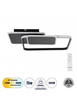 61231 GloboStar® GLOBOSTAR® SQUARO 61231 Μοντέρνο Φωτιστικό Οροφής LED 75W 8400lm 360° AC 220-240V IP20 Ρυθμιζόμενο Λευκό CCT με Χειριστήριο από 2700K έως 6000K Dimmable - Lumileds SMD Chip - Μαύρο Ματ - Μ48.5 x Π51 x Υ9cm - 3 Χρόνια Εγγύηση