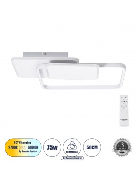 61232 GloboStar®  SQUARO 61232 Φωτιστικό Οροφής Δαχτυλίδι-Κύκλος LED CCT 75W 8400lm 360° AC 220-240V - Εναλλαγή Φωτισμού μέσω Τηλεχειριστηρίου All In One Ψυχρό 6000k+Φυσικό 4500k+Θερμό 2700k Dimmable Μ48.5 x Π51 x Υ9cm - Λευκό - 3 Years Warranty