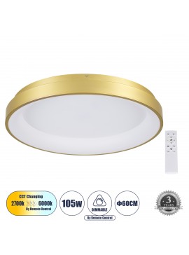 61239 GloboStar® GLOBOSTAR® SALEM 61239 Μοντέρνο Φωτιστικό Οροφής LED 105W 12075lm 120° AC 220-240V IP20 Ρυθμιζόμενο Λευκό CCT με Χειριστήριο από 2700K έως 6000K Dimmable - Lumileds SMD Chip - Χρυσό - Μ60 x Π60 x Υ9.5cm - 3 Χρόνια Εγγύηση