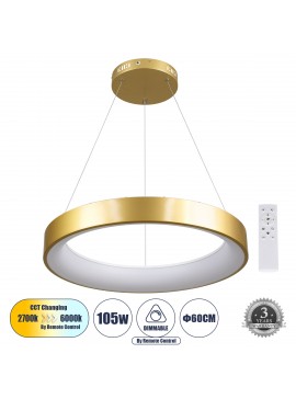 61247 GloboStar® GLOBOSTAR® SALEM 61247 Μοντέρνο Κρεμαστό Φωτιστικό Οροφής LED 105W 12075lm 120° AC 220-240V IP20 Ρυθμιζόμενο Λευκό CCT με Χειριστήριο από 2700K έως 6000K Dimmable - Lumileds SMD Chip - Χρυσό - Μ60 x Π60 x Υ6cm - 3 Χρόνια Εγγύηση