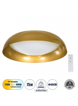 61266 GloboStar® GLOBOSTAR® ANATOLIA 61266 Μοντέρνο Φωτιστικό Οροφής LED 75W 8625lm 120° AC 220-240V IP20 Ρυθμιζόμενο Λευκό CCT με Χειριστήριο από 2700K έως 6000K Dimmable - Lumileds SMD Chip - Χρυσό - Μ60 x Π60 x Υ13cm - 3 Χρόνια Εγγύηση