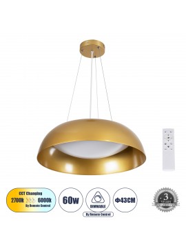 61268 GloboStar® GLOBOSTAR® ANATOLIA 61268 Μοντέρνο Κρεμαστό Φωτιστικό Οροφής LED 60W 6900lm 120° AC 220-240V IP20 Ρυθμιζόμενο Λευκό CCT με Χειριστήριο από 2700K έως 6000K Dimmable - Lumileds SMD Chip - Χρυσό - Μ43 x Π43 x Υ11cm - 3 Χρόνια Εγγύηση