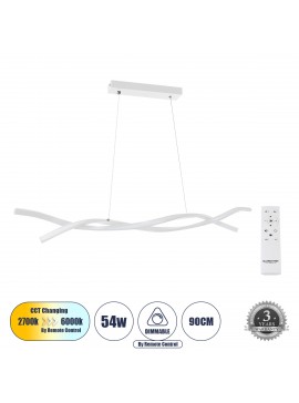 61276 GloboStar® GLOBOSTAR® MORALES 61276 Μοντέρνο Κρεμαστό Φωτιστικό Οροφής LED 54W 6048lm 300° AC 220-240V IP20 Ρυθμιζόμενο Λευκό CCT με Χειριστήριο από 2700K έως 6000K Dimmable - Lumileds SMD Chip - Λευκό Ματ - Μ90 x Π14 x Υ14cm - 3 Χρόνια Εγγύηση