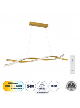 61278 GloboStar®  MORALES 61278 Κρεμαστό Φωτιστικό Οροφής Design LED CCT 54W 6048lm 200° AC 220-240V - Εναλλαγή Φωτισμού μέσω Τηλεχειριστηρίου All In One Ψυχρό 6000k+Φυσικό 4500k+Θερμό 2700k Dimmable Μ90 x Π14 x Υ14cm - Χρυσό Πλατίνα - 3 Years Warranty
