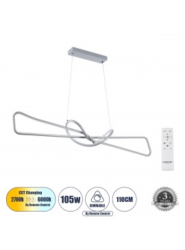 61281 GloboStar® GLOBOSTAR® DOLORES 61281 Μοντέρνο Κρεμαστό Φωτιστικό Οροφής LED 105W 11760lm 300° AC 220-240V IP20 Ρυθμιζόμενο Λευκό CCT με Χειριστήριο από 2700K έως 6000K Dimmable - Lumileds SMD Chip - Νίκελ Βούρτσας - Μ110 x Π17 x Υ17.5cm - 3 Χρόνια Εγ