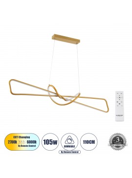 61282 GloboStar® GLOBOSTAR® DOLORES 61282 Μοντέρνο Κρεμαστό Φωτιστικό Οροφής LED 105W 11760lm 300° AC 220-240V IP20 Ρυθμιζόμενο Λευκό CCT με Χειριστήριο από 2700K έως 6000K Dimmable - Lumileds SMD Chip - Χρυσό Βούρτσας - Μ110 x Π17 x Υ17.5cm - 3 Χρόνια Εγ