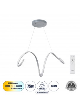 61285 GloboStar® GLOBOSTAR® SPIRALE 61285 Μοντέρνο Κρεμαστό Φωτιστικό Οροφής LED 75W 8400lm 300° AC 220-240V IP20 Ρυθμιζόμενο Λευκό CCT με Χειριστήριο από 2700K έως 6000K Dimmable - Lumileds SMD Chip - Νίκελ Βούρτσας - Μ72 x Π25 x Υ30cm - 3 Χρόνια Εγγύηση