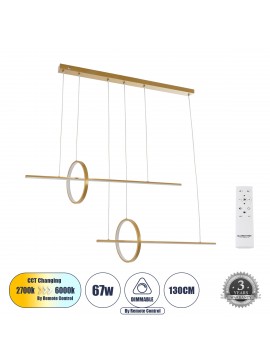 61291 GloboStar® GLOBOSTAR® LINEARE 61291 Μοντέρνο Κρεμαστό Φωτιστικό Οροφής LED 67W 7504lm 300° AC 220-240V IP20 Ρυθμιζόμενο Λευκό CCT με Χειριστήριο από 2700K έως 6000K Dimmable - Lumileds SMD Chip - Χρυσό Βούρτσας - Μ130 x Π25 x Υ60cm - 3 Χρόνια Εγγύησ