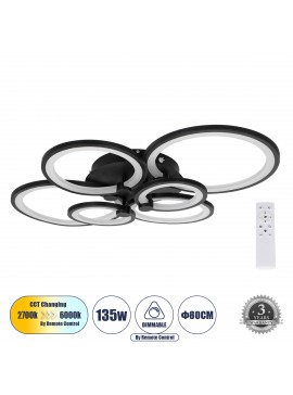 61323 GloboStar® GLOBOSTAR® ROYAL-R 61323 Μοντέρνο Φωτιστικό Οροφής LED 135W 16200lm 360° AC 220-240V IP20 Ρυθμιζόμενο Λευκό CCT με Χειριστήριο από 2700K έως 6000K Dimmable - Lumileds SMD Chip - Μαύρο Ματ - Μ80.5 x Π59 x Υ12cm - 3 Χρόνια Εγγύηση