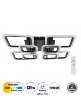 61325 GloboStar® GLOBOSTAR® ROYAL-S 61325 Μοντέρνο Φωτιστικό Οροφής LED 135W 16200lm 360° AC 220-240V IP20 Ρυθμιζόμενο Λευκό CCT με Χειριστήριο από 2700K έως 6000K Dimmable - Lumileds SMD Chip - Μαύρο Ματ - Μ58.5 x Π58.5 x Υ12cm - 3 Χρόνια Εγγύηση
