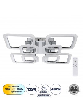 61326 GloboStar® GLOBOSTAR® ROYAL-S 61326 Μοντέρνο Φωτιστικό Οροφής LED 135W 16200lm 360° AC 220-240V IP20 Ρυθμιζόμενο Λευκό CCT με Χειριστήριο από 2700K έως 6000K Dimmable - Lumileds SMD Chip - Ασημί Νίκελ - Μ58.5 x Π58.5 x Υ12cm - 3 Χρόνια Εγγύηση