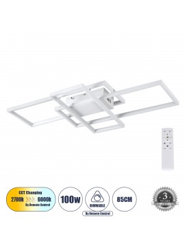 61386 GloboStar® GLOBOSTAR® QUADRA 61386 Μοντέρνο Φωτιστικό Οροφής LED 100W 12000lm 120° AC 220-240V IP20 Ρυθμιζόμενο Λευκό CCT με Χειριστήριο από 2700K έως 6000K Dimmable - Lumileds SMD Chip - Λευκό Ματ - Μ85 x Π45 x Υ9cm - 3 Χρόνια Εγγύηση