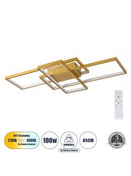 61387 GloboStar® GLOBOSTAR® QUADRA 61387 Μοντέρνο Φωτιστικό Οροφής LED 100W 12000lm 120° AC 220-240V IP20 Ρυθμιζόμενο Λευκό CCT με Χειριστήριο από 2700K έως 6000K Dimmable - Lumileds SMD Chip - Χρυσό Βούρτσας - Μ85 x Π45 x Υ9cm - 3 Χρόνια Εγγύηση