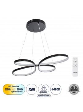 61391 GloboStar® GLOBOSTAR® BUTTERFLY 61391 Μοντέρνο Κρεμαστό Φωτιστικό Οροφής LED 75W 8400lm 300° AC 220-240V IP20 Ρυθμιζόμενο Λευκό CCT με Χειριστήριο από 2700K έως 6000K Dimmable - Lumileds SMD Chip - Μαύρο Ματ - Μ70 x Π55 x Υ4cm - 3 Χρόνια Εγγύηση