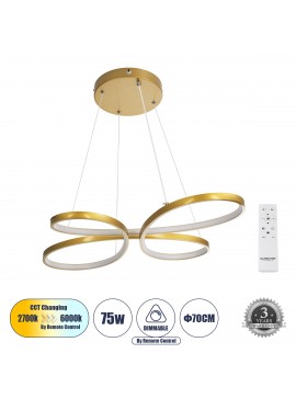 61393 GloboStar® GLOBOSTAR® BUTTERFLY 61393 Μοντέρνο Κρεμαστό Φωτιστικό Οροφής LED 75W 8400lm 300° AC 220-240V IP20 Ρυθμιζόμενο Λευκό CCT με Χειριστήριο από 2700K έως 6000K Dimmable - Lumileds SMD Chip - Χρυσό Βούρτσας - Μ70 x Π55 x Υ4cm - 3 Χρόνια Εγγύησ