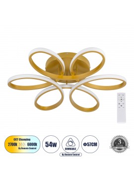 61403 GloboStar® GLOBOSTAR® MARGARET 61403 Μοντέρνο Φωτιστικό Οροφής LED 54W 6210lm 360° AC 220-240V IP20 Ρυθμιζόμενο Λευκό CCT με Χειριστήριο από 2700K έως 6000K Dimmable - Lumileds SMD Chip - Χρυσό Βούρτσας - Μ57 x Π57 x Υ12cm - 3 Χρόνια Εγγύηση