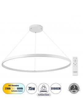 61518 GloboStar® GLOBOSTAR® DIAMOND 61518 Μοντέρνο Κρεμαστό Φωτιστικό Οροφής LED 75W 8400lm 360° AC 220-240V IP20 Ρυθμιζόμενο Λευκό CCT με Χειριστήριο από 2700K έως 6000K Dimmable - Lumileds SMD Chip - Λευκό Ματ - Μ100 x Π100 x Υ90cm - 3 Χρόνια Εγγύηση