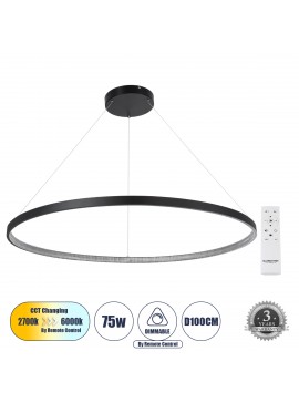 61519 GloboStar® GLOBOSTAR® DIAMOND 61519 Μοντέρνο Κρεμαστό Φωτιστικό Οροφής LED 75W 8400lm 360° AC 220-240V IP20 Ρυθμιζόμενο Λευκό CCT με Χειριστήριο από 2700K έως 6000K Dimmable - Lumileds SMD Chip - Μαύρο Ματ - Μ100 x Π100 x Υ90cm - 3 Χρόνια Εγγύηση
