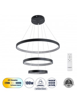 61523 GloboStar® GLOBOSTAR® DIAMOND TRIO 61523 Μοντέρνο Κρεμαστό Φωτιστικό Οροφής LED 100W 11200lm 360° AC 220-240V IP20 Ρυθμιζόμενο Λευκό CCT με Χειριστήριο από 2700K έως 6000K Dimmable - Lumileds SMD Chip - Μαύρο Ματ - Μ90 x Π90 x Υ90cm - 3 Χρόνια Εγγύη