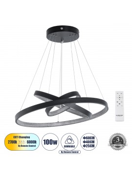61523-DECO GloboStar® GLOBOSTAR® DIAMOND TRIO 61523-DECO Μοντέρνο Κρεμαστό Φωτιστικό Οροφής LED 100W 11200lm 360° AC 220-240V IP20 Ρυθμιζόμενο Λευκό CCT με Χειριστήριο από 2700K έως 6000K Dimmable - Lumileds SMD Chip - Μαύρο Ματ - Μ90 x Π90 x Υ90cm - 3 Χρ