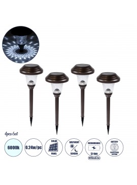 69927 GloboStar®  69927 ΣΕΤ 4 Τεμαχίων Αυτόνομα Ηλιακά Φωτιστικά LED SMD 0.24W/Τεμ. 24lm/Τεμ. με Ενσωματωμένη Μπαταρία 600mAh - Φωτοβολταϊκό Πάνελ με Αισθητήρα Ημέρας-Νύχτας Αδιάβροχο IP65 Φανάρι Κήπου Στρογγυλό Ψυχρό Λευκό 6000K Φ12 x Υ23cm