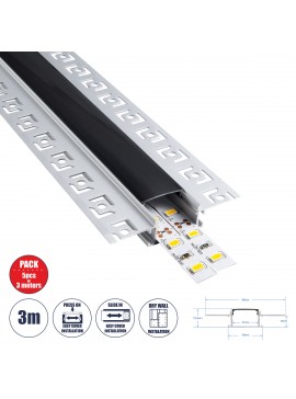 70820-3M GloboStar®  PLASTERBOARD-PROFILE 70820-3M Προφίλ Αλουμινίου - Βάση & Ψύκτρα Ταινίας LED με Μαύρο Φιμέ Κάλυμμα - Χωνευτή Χρήση σε Γυψοσανίδα - Trimless - Πατητό Κάλυμμα - Ασημί - 3 Μέτρα - Πακέτο 5 Τεμαχίων - Μ300 x Π6.7 x Υ1.4cm