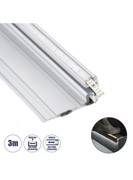 70842-3M GloboStar®  STAIR-PROFILE 70842-3M Προφίλ Αλουμινίου - Βάση & Ψύκτρα Ταινίας LED με Λευκό Γαλακτερό Κάλυμμα - Χρήση σε Σκαλοπάτια - Πατητό Κάλυμμα - Ασημί - 3 Μέτρα - Μ300 x Π8 x Υ3.2cm