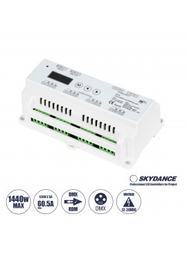 71449 GloboStar®  71449 D12 SKYDANCE DC DMX & RDM Dimmer Din Rail Ράγας High Speed Controller / Decoder / Master 12 Καναλιών DC 12-24V 12 x 5A 120W - Max 60.5A 1440W - IP20 Μ15.5 x Π9 x Υ6cm - 5 Years Warranty