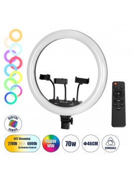 75805 GloboStar®  75805 Professional Digital Ring Light Φ46cm LED SMD 70W 7000lm 180° AC 230V με Καλώδιο Τροφοδοσίας Πρίζας - Ασύρματο Χειριστήριο RF 2.4Ghz Εναλλαγής Χρωμάτων & 3 Βάσεις Τηλεφώνου - Πολύχρωμο RGBW+WW Dimmable