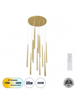 61314 GloboStar® GLOBOSTAR® TEARS 61314 Μοντέρνο Κρεμαστό Φωτιστικό Οροφής LED 36W 3960lm 180° AC 220-240V IP20 Ρυθμιζόμενο Λευκό CCT με Χειριστήριο από 2700K έως 6000K Dimmable - Lumileds SMD Chip - Χρυσό Βούρτσας - Μ60 x Π60 x Υ51.5cm - 3 Χρόνια Εγγύηση