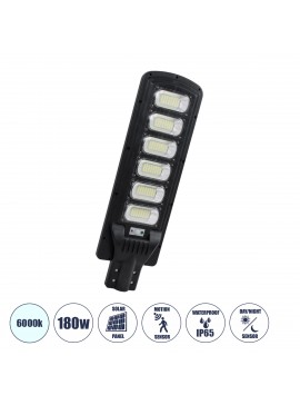 85346 GloboStar®  STREETA 85346 Professional LED Solar Street Light Αυτόνομο Ηλιακό Φωτιστικό Δρόμου 180W 9000lm 288 x LED SMD 5730 με Ενσωματωμένο Φωτοβολταϊκό Panel 6V 20W & Επαναφορτιζόμενη Μπαταρία Li-ion 3.2V 30000mAh με Αισθητήρα Ημέρας-Νύχτας & PIR