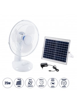 85354 GloboStar®  SOLARI-FAN 85354 Solar Fan Αυτόνομος Ηλιακός Επιτραπέζιος Ανεμιστήρας 25W 2 Λειτουργιών Ρεύματος με AC 220-240V ή με Φωτοβολταϊκό Panel 9V 12W & Επαναφορτιζόμενη Μπαταρία Li-ion 7.4V 4400mAh - 3 Ταχύτητες - IP20 - Μ24 x Π36 x Υ49cm - Λευ