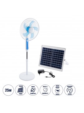 85355 GloboStar®  SOLARA-FAN 85355 Solar Fan Αυτόνομος Ηλιακός Επιδαπέδιος Ανεμιστήρας 25W 2 Λειτουργιών Ρεύματος με AC 220-240V ή με Φωτοβολταϊκό Panel 9V 12W & Επαναφορτιζόμενη Μπαταρία Li-ion 7.4V 4400mAh - 3 Ταχύτητες - Ενσωματωμένο USB 2.0 Charger Συ