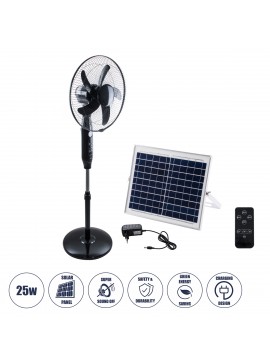 85358 GloboStar®  SOLARE-FAN 85358 Solar Fan Αυτόνομος Ηλιακός Επιδαπέδιος Ανεμιστήρας 25W 2 Λειτουργιών Ρεύματος με AC 220-240V ή με Φωτοβολταϊκό Panel 9V 15W & Επαναφορτιζόμενη Μπαταρία Li-ion 7.4V 6000mAh - 12 Ταχύτητες - Ασύρματο Χειριστήριο - Ενσωματ
