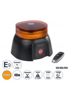 85359 GloboStar®  85359 PRO Series Επαναφορτιζόμενος Φάρος Σήμανσης Οχήματος Security - Ασφαλείας για Αυτοκίνητα & Φορτηγά 10 Προγραμμάτων Φωτισμού STROBE LED 48W DC 10-30V Αδιάβροχος IP65 Πορτοκαλί