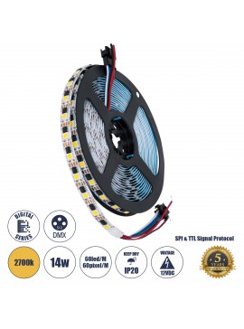 90603 GloboStar® GLOBOSTAR® DIGIPRO 90603 Ψηφιακή Pixel Addressable Ταινία LED 14.4W/m 1296lm/m 120° DC 12V IP20 60 x SMD 5050 Chip/m 60 x Pixel/m Θερμό Λευκό 2700K Dimmable SPI/TTL Protocol IC TM1908 - Μ5000 x Π10 x Υ2mm - Ρολό 5 Μέτρων - 5 Χρόνια Εγγύησ
