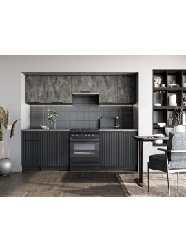 TAMARA 240 kitchen set, color: front - grey marble / black, body – carbon wood, worktop – grey DIOMMI-60-29255