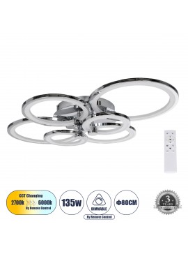 61324 GloboStar® GLOBOSTAR® ROYAL-R 61324 Μοντέρνο Φωτιστικό Οροφής LED 135W 16200lm 360° AC 220-240V IP20 Ρυθμιζόμενο Λευκό CCT με Χειριστήριο από 2700K έως 6000K Dimmable - Lumileds SMD Chip - Ασημί Νίκελ - Μ80.5 x Π59 x Υ12cm - 3 Χρόνια Εγγύηση