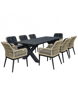 WOODWELL Ε68421ALLEY Set Τραπεζαρία ALU Ανθρακί-Rope Φυσικό: Τραπέζι 220x94 + 8 Πολυθρόνες με Μαξιλ Τραπ:220x94x72 Πολ:62x64x85cm Ε68421