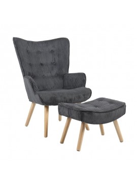 WOODWELL ALMA Πολυθρόνα - Μπερζέρα με Σκαμπό - Υποπόδιο Φυσικό Ύφασμα Κοτλέ Γκρι, K/D 69x76x97cm / 52x38x35cm Ε7141,77