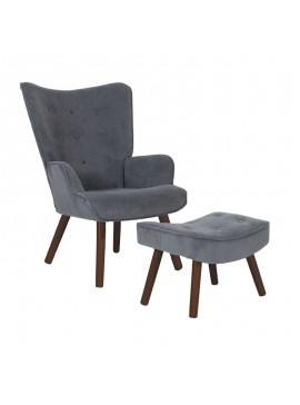 WOODWELL Ε7141,7ΚALMA Πολυθρόνα - Μπερζέρα με Σκαμπό - Υποπόδιο Καρυδί Ύφασμα Velure Γκρι, K/D 69x76x97cm / 52x38x35cm Ε7141,7Κ