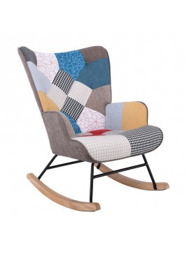 WOODWELL Ε7143,4ALMA Rocking Πολυθρόνα Μπερζέρα Καθιστικού, Ύφασμα Patchwork, Βάση Μαύρο-Φυσικό 67x86x92cm Ε7143,4