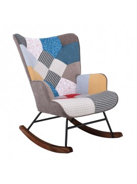 WOODWELL Ε7143,4ΚALMA Rocking Πολυθρόνα Μπερζέρα Καθιστικού, Ύφασμα Patchwork, Βάση Μαύρο-Καρυδί 67x86x92cm Ε7143,4Κ