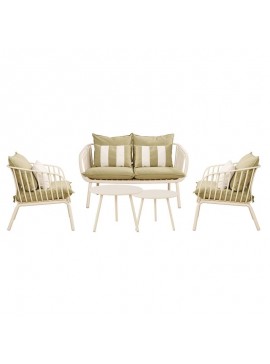 WOODWELL ASTRID Set Σαλόνι Κήπου 5τεμ, PP & Μέταλλο Cream, Μαξιλάρια Sandy Green 2 Πολυθρ+1 Καναπ+2 Τραπεζάκια Ε322,S